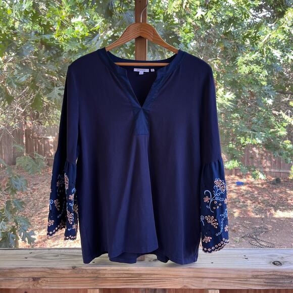 Chico's Women's Navy Embroidered Flare Sleeve Top Size 3 (XL) - Picture 1 of 6